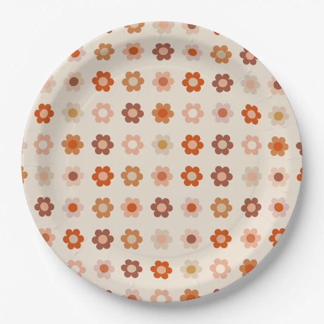 Retro Floral Terracotta Beige Paper Plates (Front)