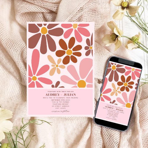 Retro Floral Terracotta Pink Wedding Invitation