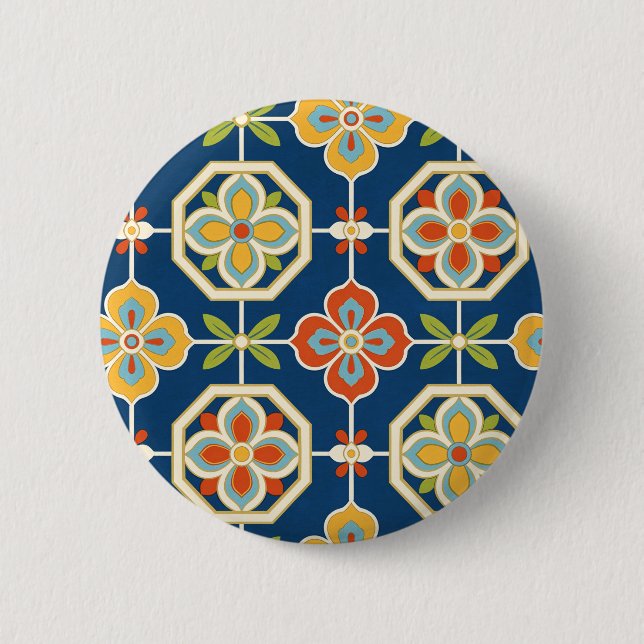 Retro Floral Tile Pattern Navy Blue Orange & Gold Button (Front)