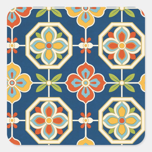 Retro Floral Tile Pattern Square Sticker (Front)