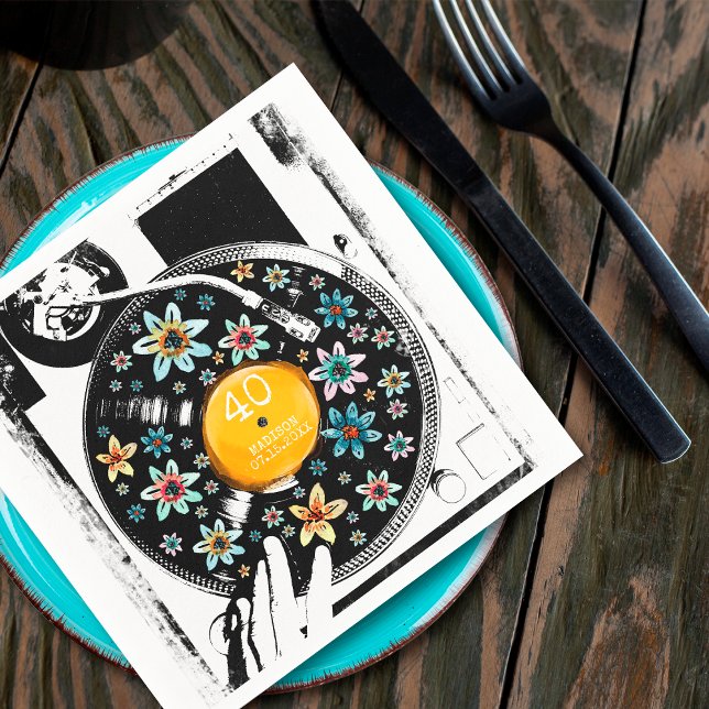 Retro Floral Turntable Vinyl Birthday Personalized Napkins (Creator Uploaded)