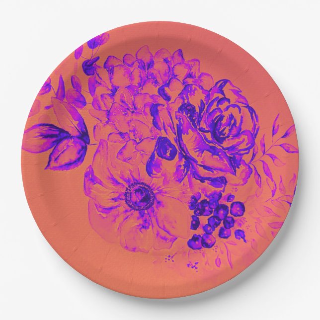 Retro Floral Vibrant Magenta Birthday Paper Plates (Front)