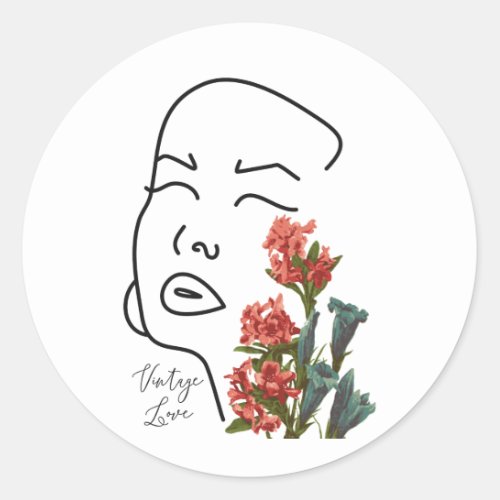 Retro floral woman face one line drawing blossom T Classic Round Sticker