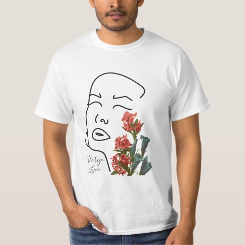 Retro floral woman face one line drawing blossom T_Shirt