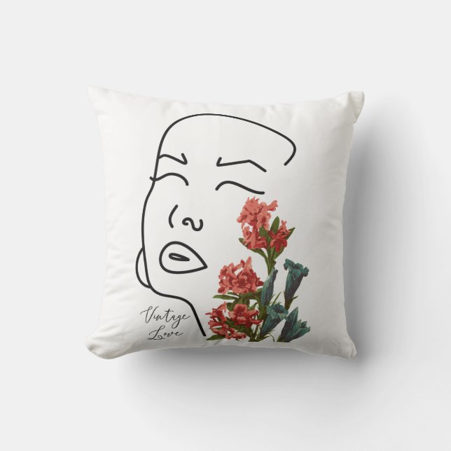Retro floral woman face one line drawing blossom throw pillow (Front)