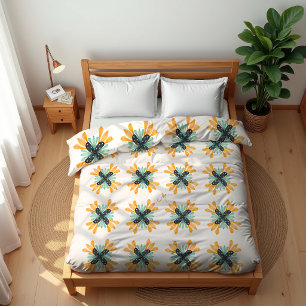 Retro Floral Yellow Blue Abstract Pattern Monogram Duvet Cover