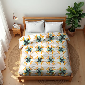 Retro Floral Yellow Blue Abstract Pattern Monogram Duvet Cover