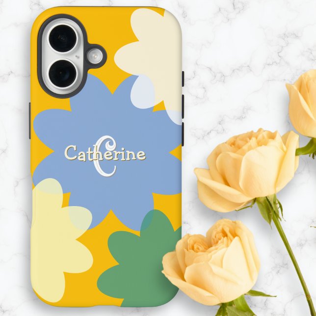 Retro Floral Yellow Spring Groovy Monogrammed Case-Mate iPhone Case (A pretty phone case in sunshine yellow with overlapping boho flower shapes and custom monogram)