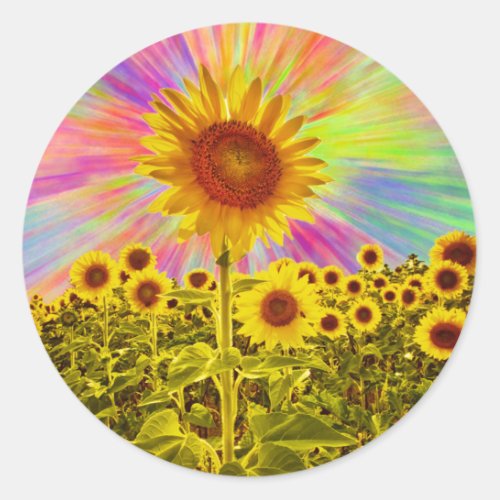 Retro Floral Yellow Sunflower Rainbow Flower Seas Classic Round Sticker