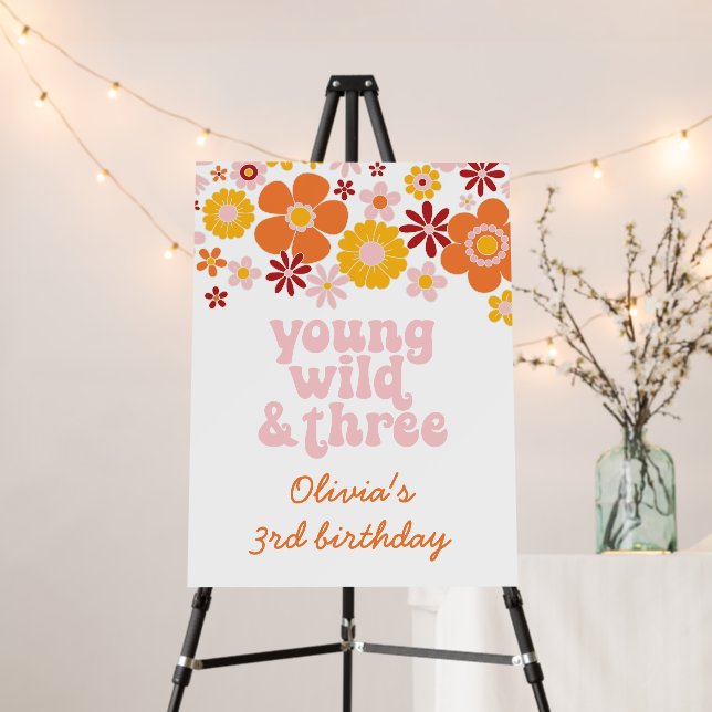 Retro Floral young Wild three 3rd birthday Foam Board (In Situ (Stand))