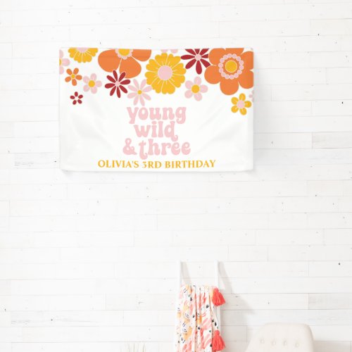 Retro Floral Young Wild Three Birthday Banner