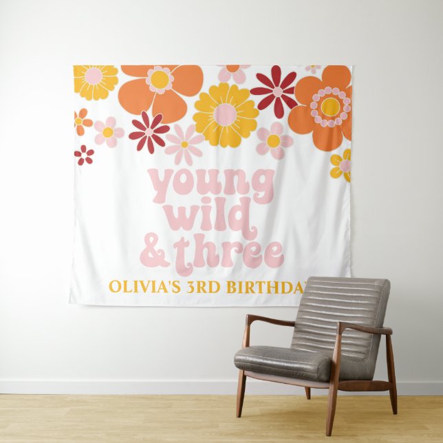 Retro Floral Young Wild Three Birthday Banner Tapestry (In Situ (Horizontal))