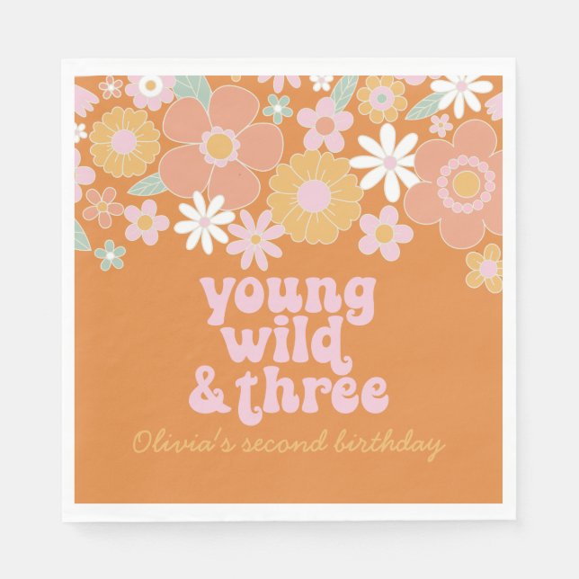 Retro Floral Young Wild Three birthday Napkins (Front)