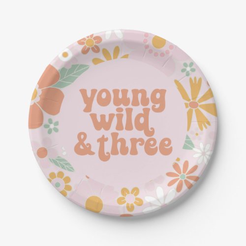 Retro Floral Young Wild Three Birthday Paper Plate
