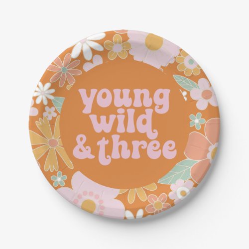 Retro Floral Young Wild Three Birthday Paper Plate