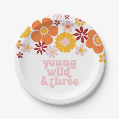 Retro Floral Young Wild three birthday Paper Plates