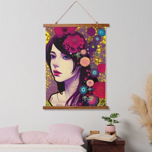 Retro FloralPunk Girl Digital Art   Hanging Tapestry