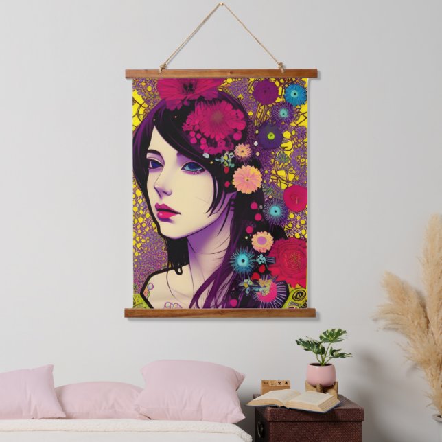 Retro FloralPunk Girl Digital Art   Hanging Tapestry (Bedroom)