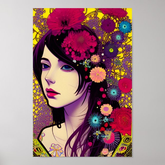 Retro FloralPunk Girl Digital Art Poster (Front)