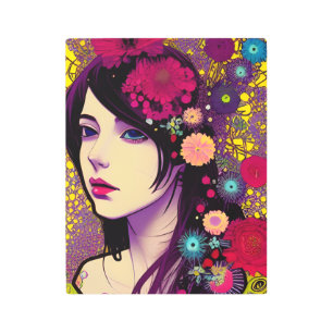 Retro FloralPunk Girl Metal Wall Art
