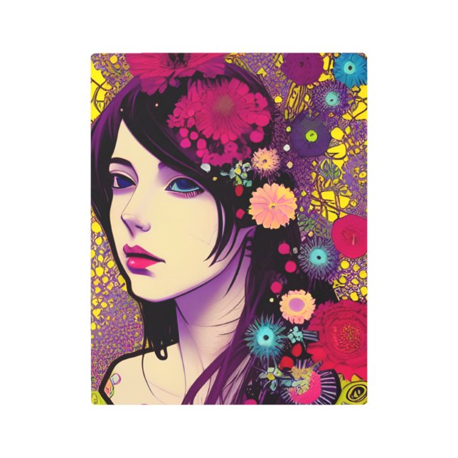 Retro FloralPunk Girl Metal Wall Art (Front)