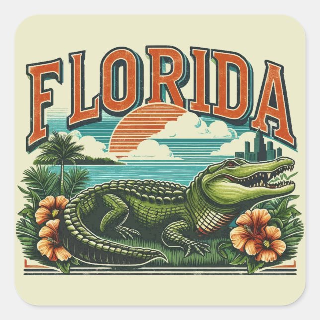 Retro Florida Alligator Square Sticker (Front)
