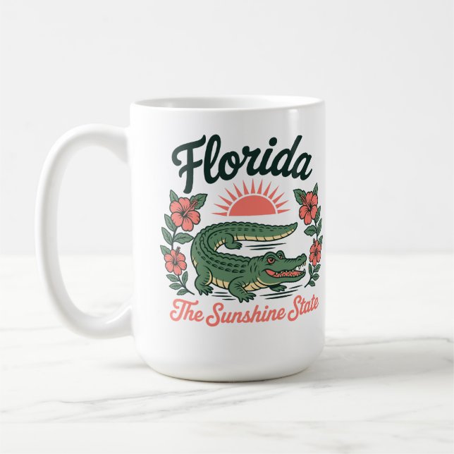 Retro Florida Alligator Tropical Flowers Coffee Mug (Left)