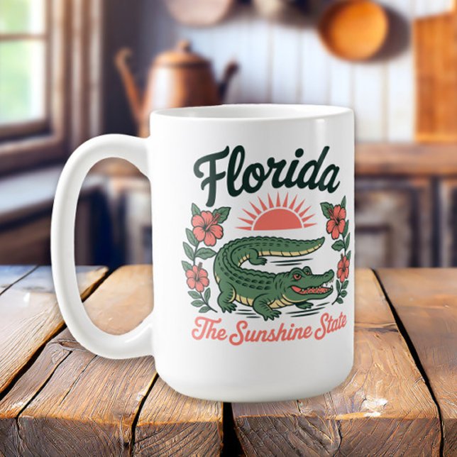 Retro Florida Alligator Tropical Flowers Coffee Mug (Alligator, Florida the Sunshine State mug
)