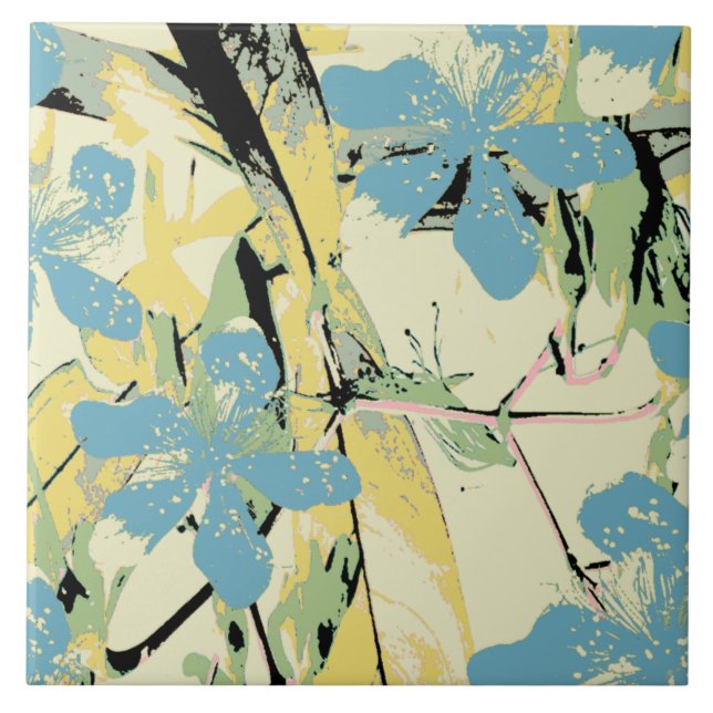 retro flower blue and yellow ceramic tile (Front)