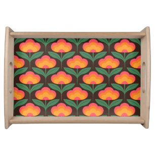 Retro flower Brighter colors on Brown Serving Tray