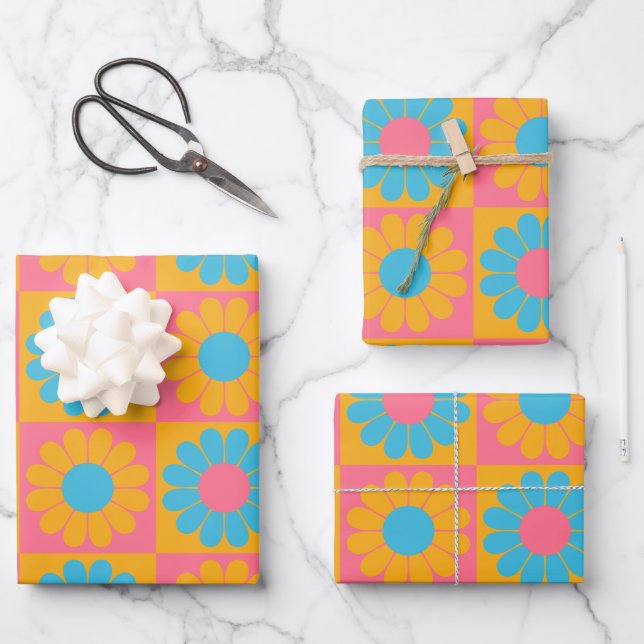 Retro Flower Checkerboard in Yellow and Blue Wrapping Paper Sheets (Front)
