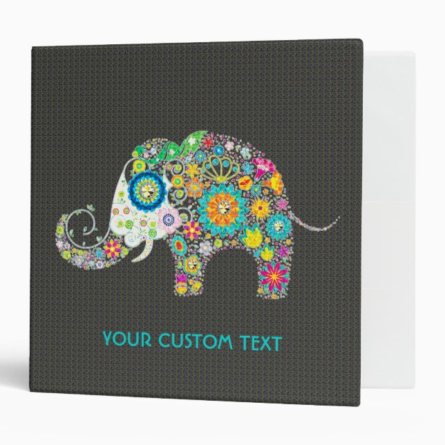 Retro Flower Elephant Black Diamond Texture 3 Ring Binder (Front/Inside)