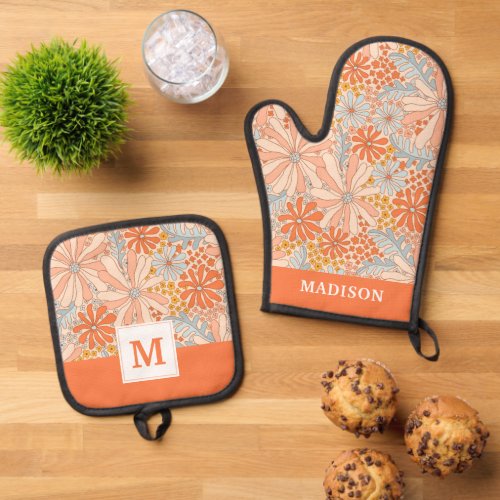 Retro Flower Garden Pattern Oven Mitt  Pot Holder Set