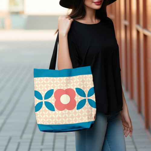 Retro Flower Geo Pattern Coral Blue Peach Crossbody Bag