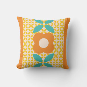 Retro Flower, Geo Pattern Orange, Teal, Pink Throw Pillow