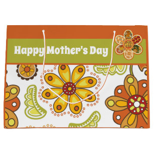 Retro Flower Green Orange Happy Mother's Day Large Gift Bag