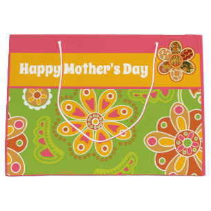 Retro Flower Green Pink Yellow Happy Mother's Day Large Gift Bag