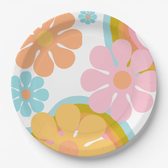 Retro Flower Groovy Hippie 60s Birthday Paper Plates (Front)