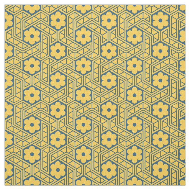 Retro Flower Hexagon Pattern - Yellow and Blue Fabric (Swatch)