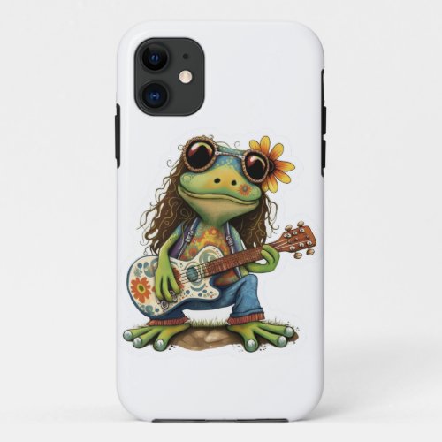 Retro Flower Hippie Frog Wear Glass Play Piano on  iPhone 11 Case