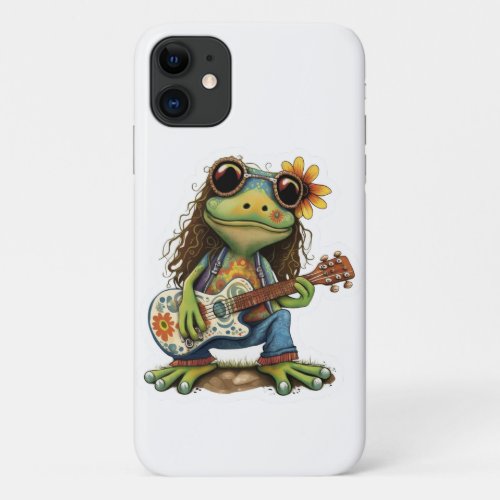 Retro Flower Hippie Frog Wear Glass Play Piano on  iPhone 11 Case