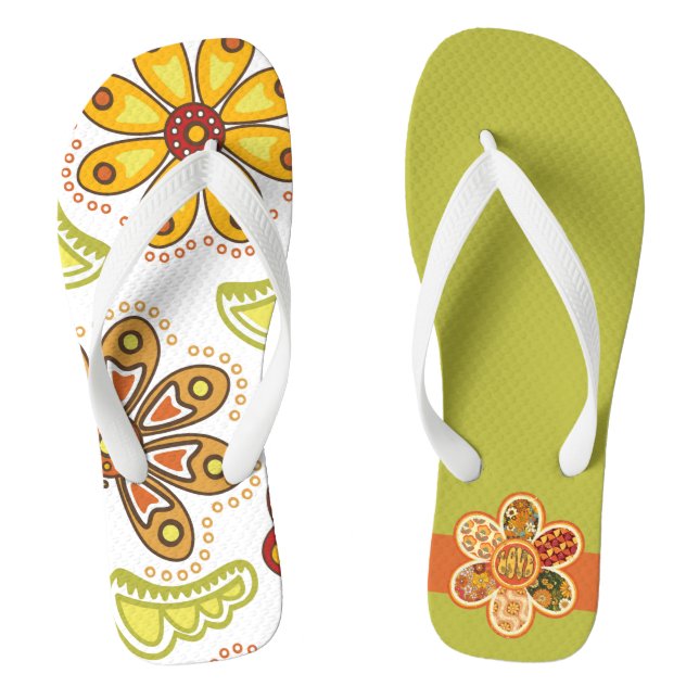 Retro Flower Hippie Orange Green Flip Flops (Footbed)