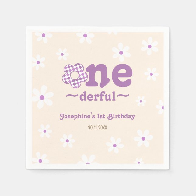 Retro Flower Isn't She Onedefrul 1st Birthday Napkins (Front)