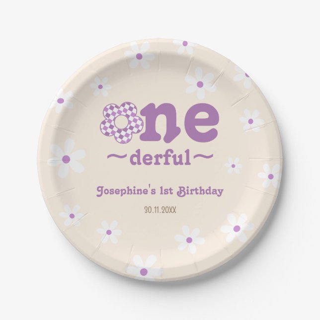 Retro Flower Isn't She Onedefrul 1st Birthday Paper Plates (Front)