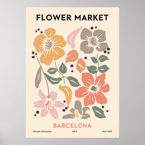 Retro Flower Market Barcelona Colorful Floral Poster
