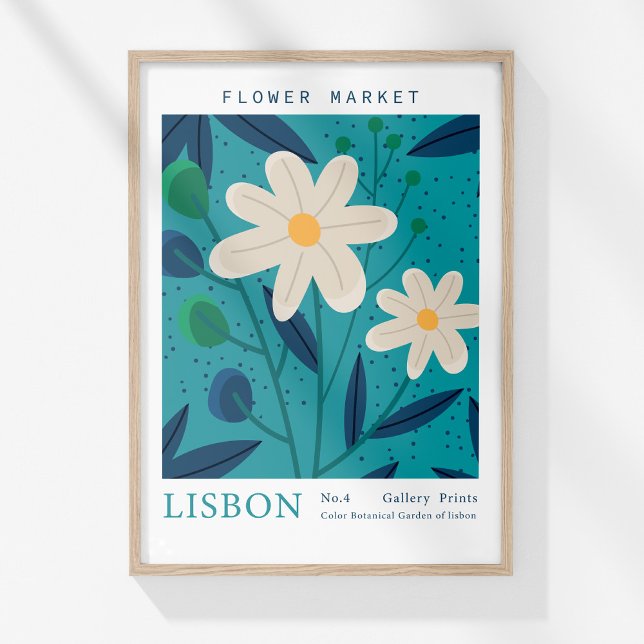Retro Flower Market Lisbon Abstract Flowers Poster (Retro Flower Market Lisbon Abstract Flowers Poster in a wooden frame on a sunny wall.)