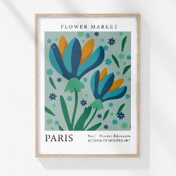 Retro Flower Market Paris Blue Orange Flowers Poster