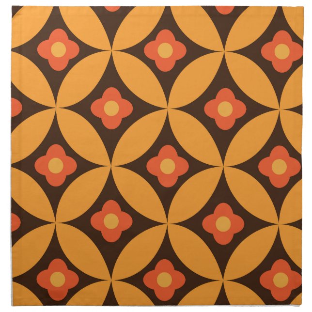 Retro flower on mid century circles orange  cloth napkin (Front)
