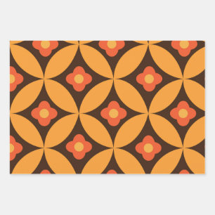 Retro flower on Mid Century Circles Orange Wrapping Paper Sheets