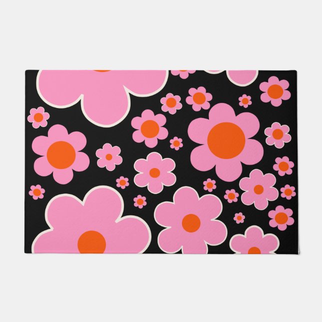 Retro Flower Pattern Black Pink And Orange Doormat (Front)